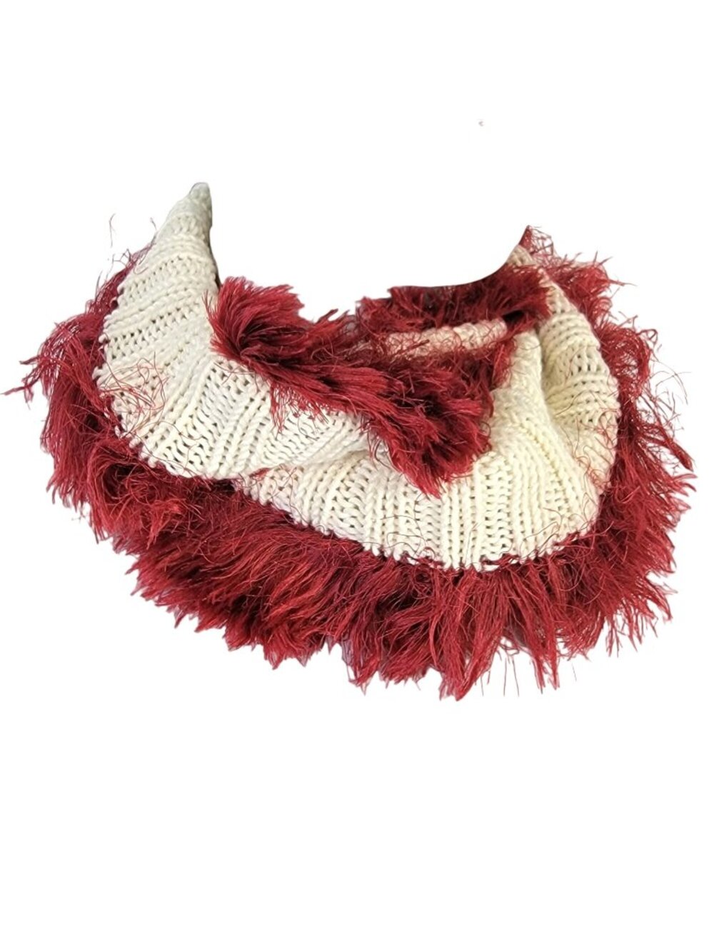 Burgundy Cream Fringe Cowl Women Winter Accessories Handmade Crochet Knit Scarf
